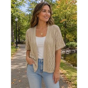 Laura Scott Medium Beige Open Knit Cardigan Short Sleeve Crochet Boho Sz M
